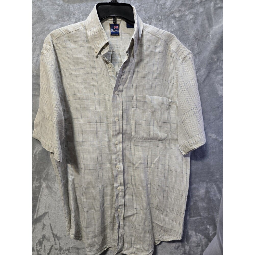 T. Harris London Men's Short Sleeve 100% Linen Button Down Dress Shirt Large